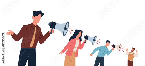 Bosses yell at subordinates. Manager yelling and bullying employee with megaphone. Conflict at work. Aggressor and victim. Hate speech at work. Cartoon flat isolated vector concept