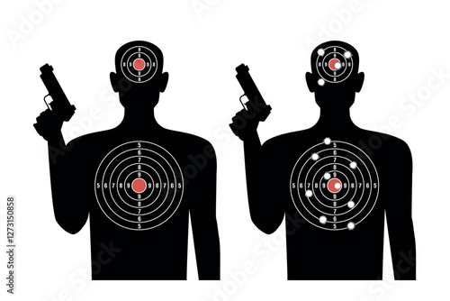Black target for shooting with bullet holes. Human silhouettes with gun, competition score. Bullet holes. Goals practice on rifle range. Sport and military training. Isolated vector concept
