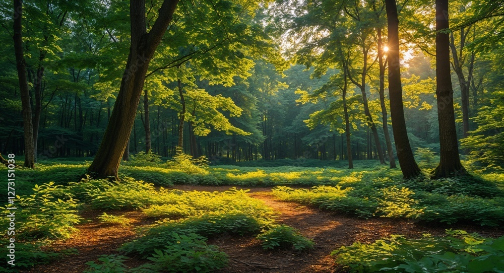 Fototapeta premium Leafy forest in the afternoon during summer with dappled sunlight on the ground