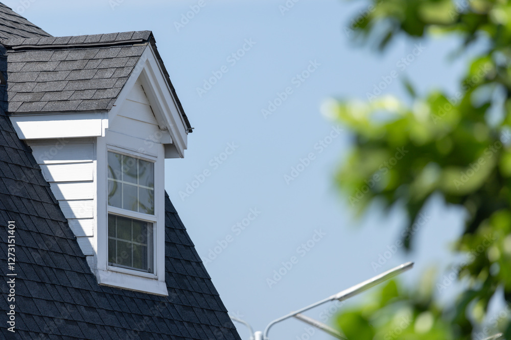 A house with a black roof and a white window A house with a black roof and a white window