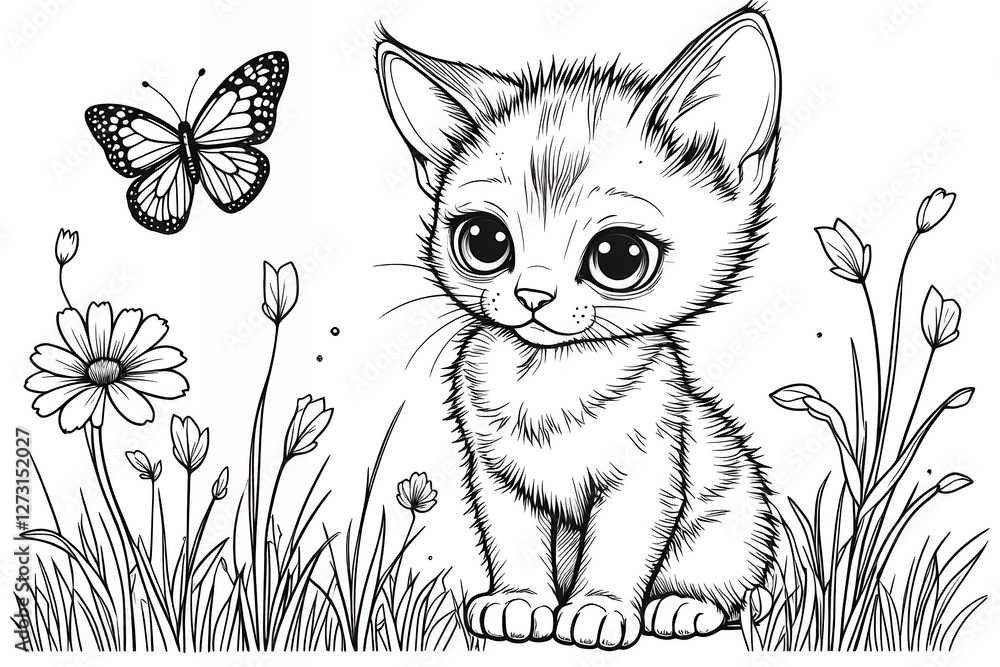 Obraz premium Adorable Kitten in a Flower Garden Cute Cat Coloring Page Illustration