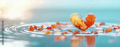 Autumn Leaves Forming Heart Shape Floating on Water Surface Symbolizing Love and Serenity