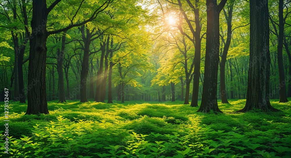 Obraz premium Lush green forest in midday sunlight during late spring light filtering through trees