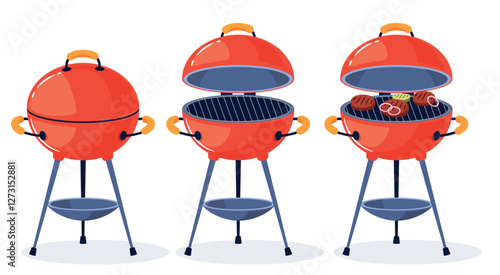 Barbecue set. Open and closed grill lid, outdoors cooking equipment. Grilling party tool. Meat and vegetables on rack, burning coals. Cartoon flat isolated illustration. Vector bbq meal concept