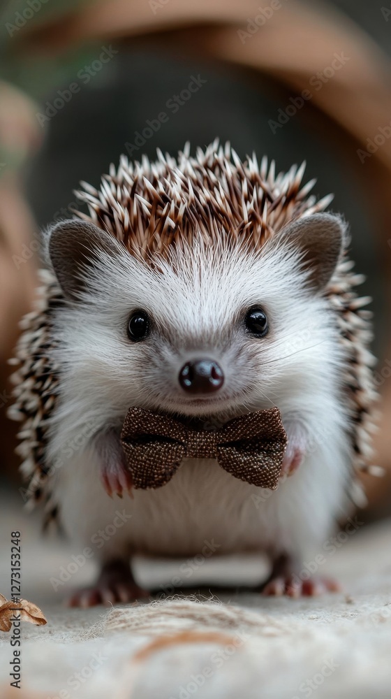 Fototapeta premium Cute hedgehog wearing bowtie adorable pet animal portrait. Hedgehog Day