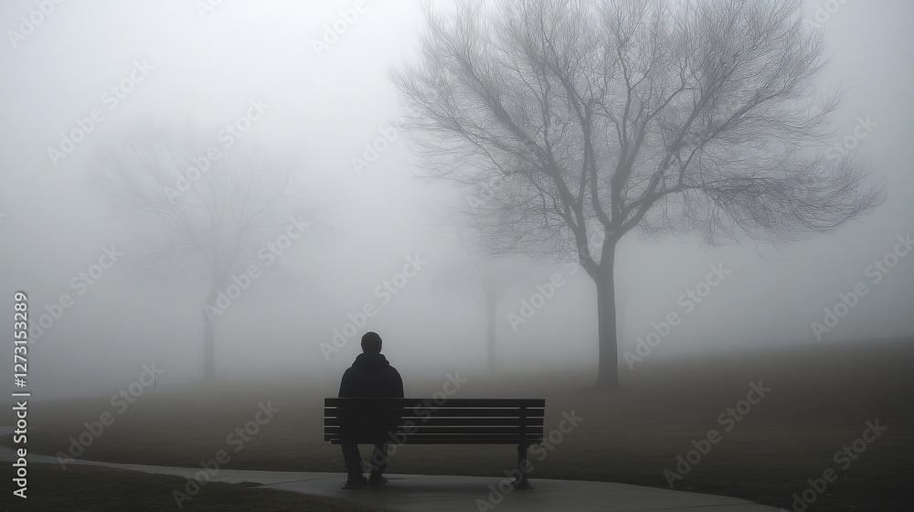 Foggy Park Bench Scene, Misty Trees, Serene Landscape, Moody Atmosphere, Nature Silhouette Foggy Park Bench Scene, Misty Trees, Serene Landscape, Moody Atmosphere, Nature Silhouette