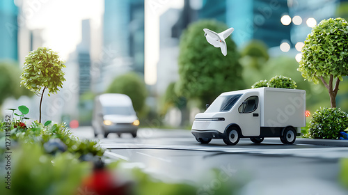 Innovative zero-emission delivery vehicles transforming urban logistics city streets digital artwork eco-friendly environment aerial view sustainable future photo