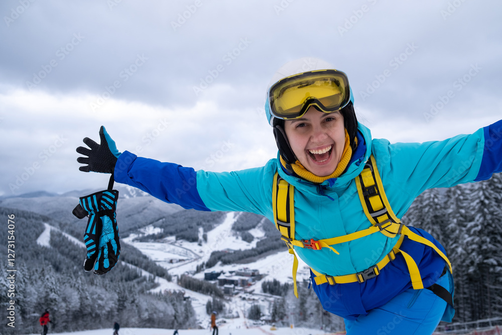 Smiling Skier on Snowy Slope