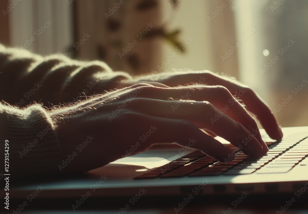 Hands Typing on Laptop with Sunlight Streaming Through Window Hands Typing on Laptop with Sunlight Streaming Through Window