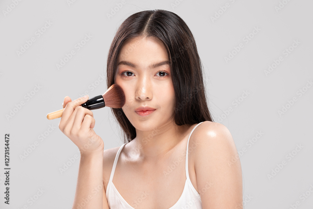 Asian beautiful young woman with long dark hair applying makeup with brush. Natural and glowing complexion, posing against light gray background ,Beauty, skincare, and self-care concepts Asian beautiful young woman with long dark hair applying makeup with brush. Natural and glowing complexion, posing against light gray background ,Beauty, skincare, and self-care concepts