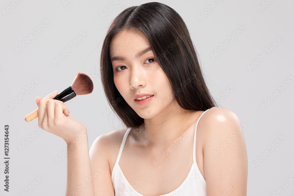 Asian beautiful young woman with long dark hair applying makeup with brush. Natural and glowing complexion, posing against light gray background ,Beauty, skincare, and self-care concepts Asian beautiful young woman with long dark hair applying makeup with brush. Natural and glowing complexion, posing against light gray background ,Beauty, skincare, and self-care concepts