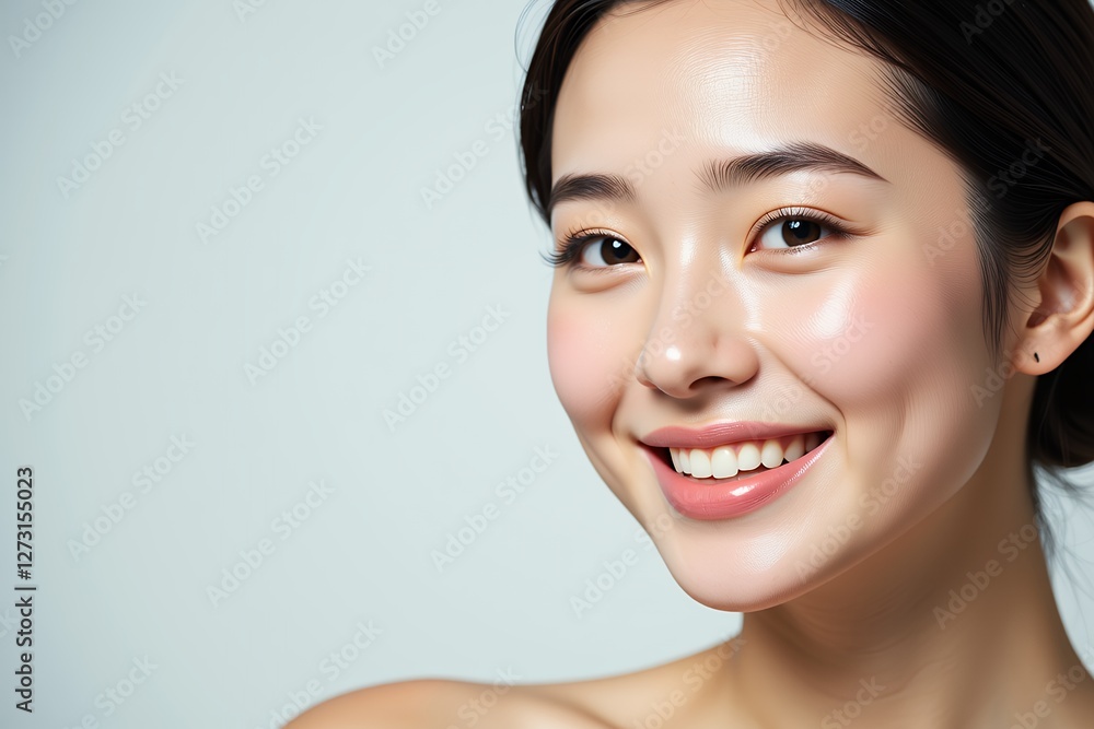 Obraz premium Radiant Young Asian Woman with Flawless Skin and Bright Smile Close up Portrait