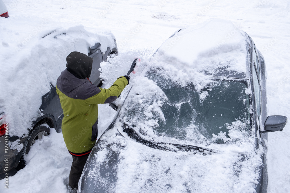 Person Clearing Snow from Car in Winter Landscape
