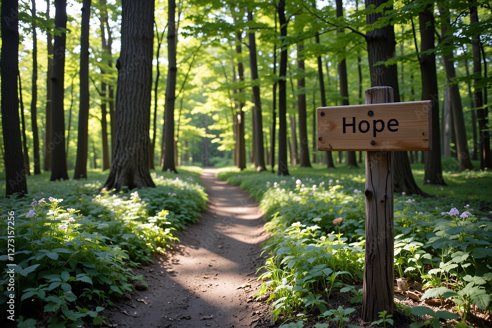Serene Forest Path Hope Sign Woodland Trail Sunlight Dappled Peaceful Nature Scene Serene Forest Path Hope Sign Woodland Trail Sunlight Dappled Peaceful Nature Scene