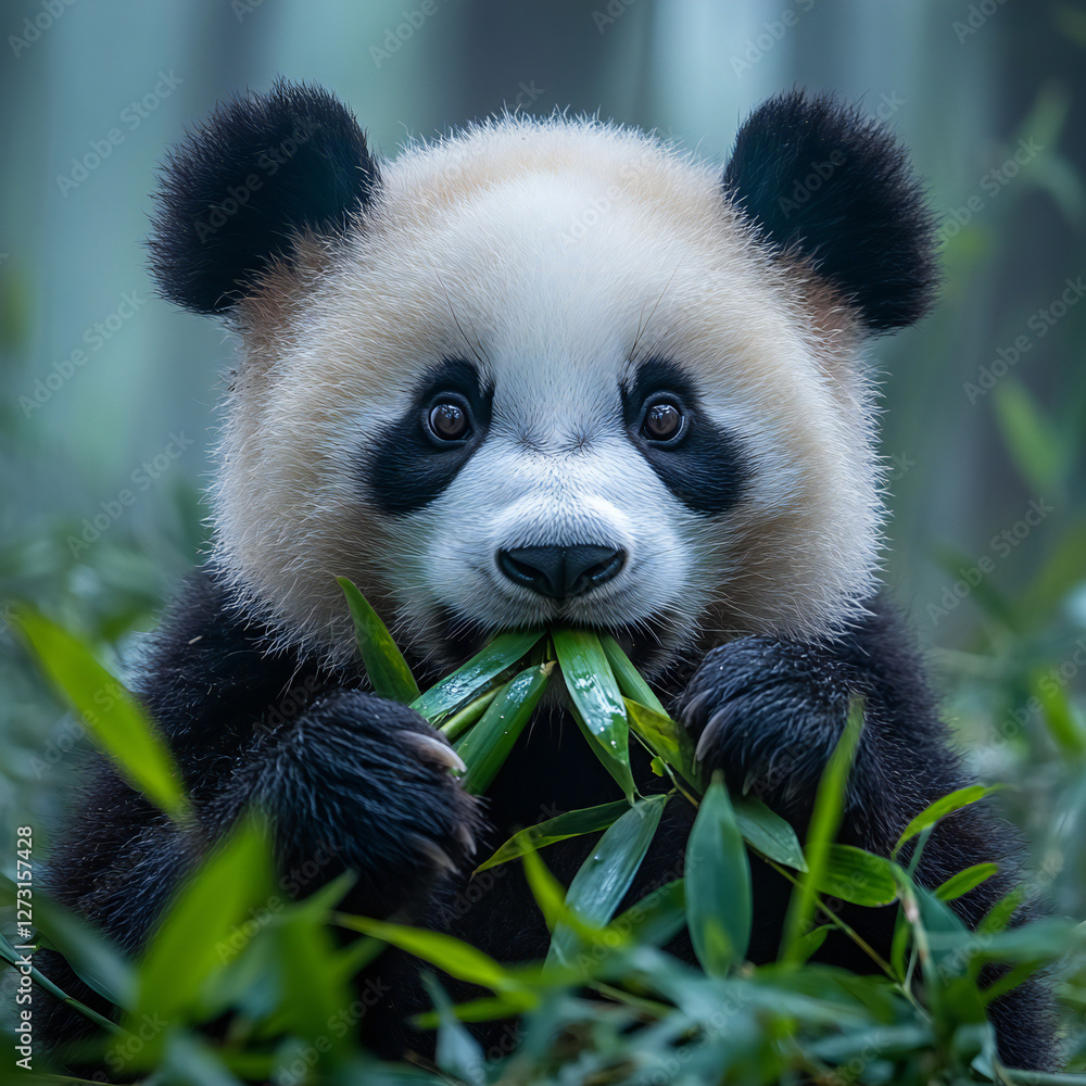 Fototapeta premium Giant panda and red panda enjoying bamboo in the forest
