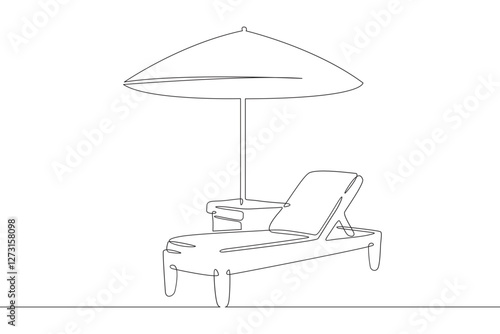Continuous one line drawing sun lounger with umbrella. Table near sun lounger on the beach.One continuous line isolated minimal illustration.Not AI.
