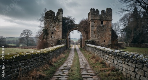 Medieval stone path leading to a crumbling gatehouse under overcast sky winter