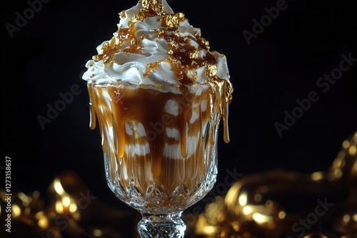 luxurious caramel milkshake topped with whipped cream and golddusted garnishes dripping with salted caramel sauce in crystal glass photo