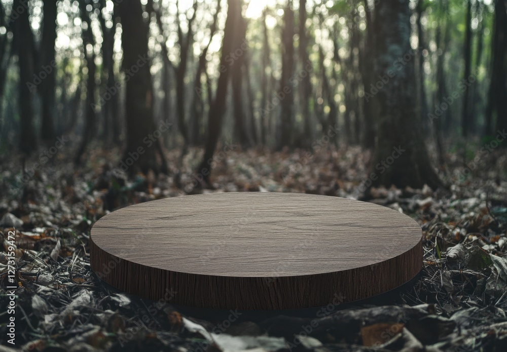 Wooden Display Platform Surrounded by Lush Green Forest Environment Wooden Display Platform Surrounded by Lush Green Forest Environment