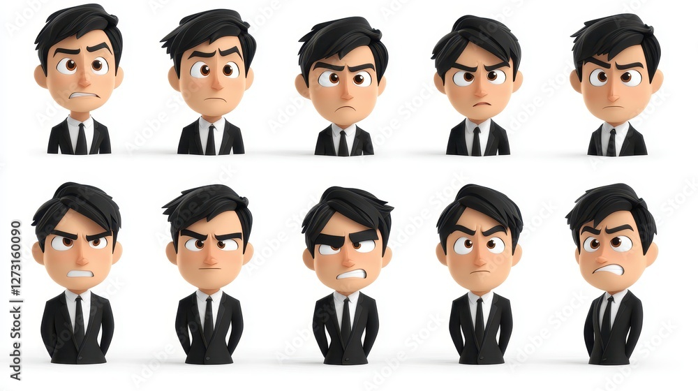 3D cartoon businessman faces of different character with Happy and sad ,angry,bossy,Emoticons with different moods,copy space. 3D cartoon businessman faces of different character with Happy and sad ,angry,bossy,Emoticons with different moods,copy space.