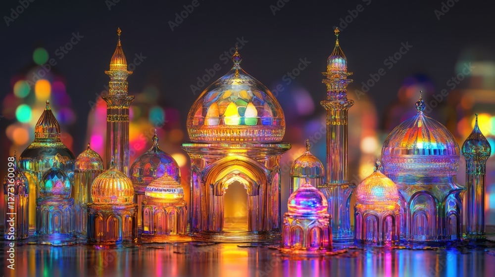 Obraz premium Glass Mosque City at Night: Colorful, Illuminated Architecture