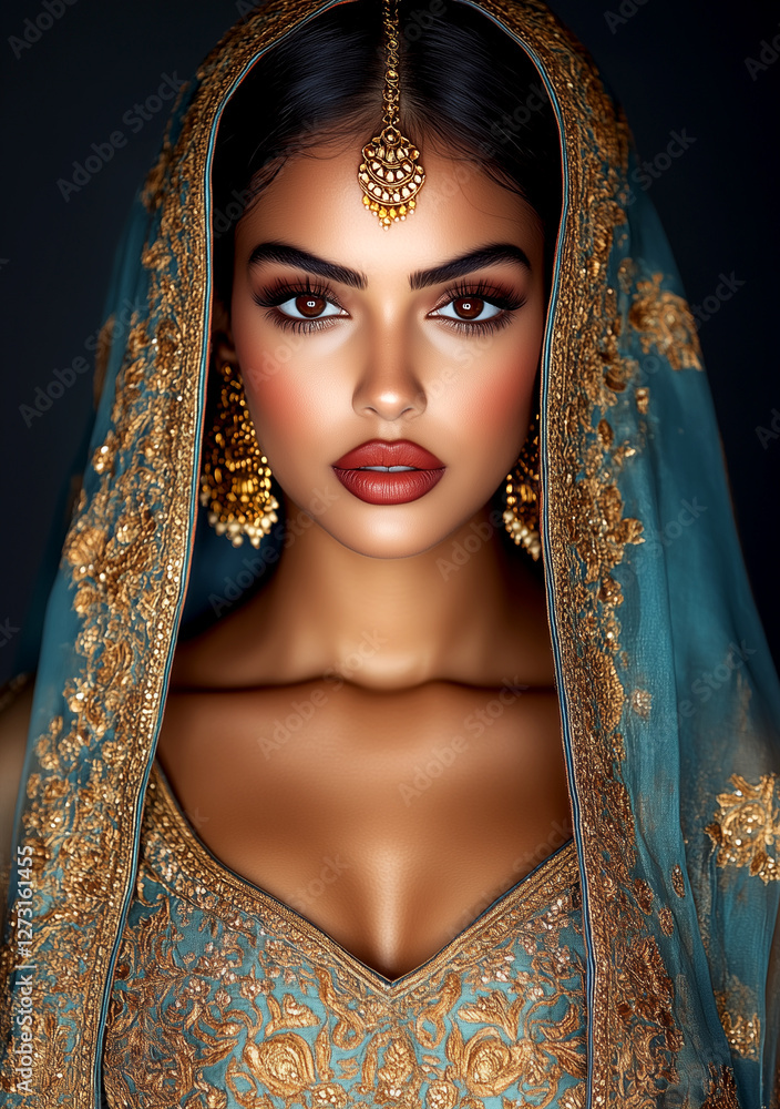 A woman wearing a blue and gold headpiece. She has brown eyes and a red lip A woman wearing a blue and gold headpiece. She has brown eyes and a red lip