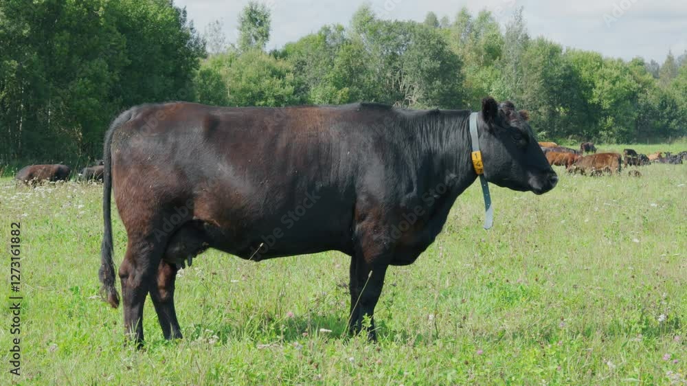 general plan of a Black Angus Cow. Grazing on a green meadow against a background of forest and blue sky general plan of a Black Angus Cow. Grazing on a green meadow against a background of forest and blue sky