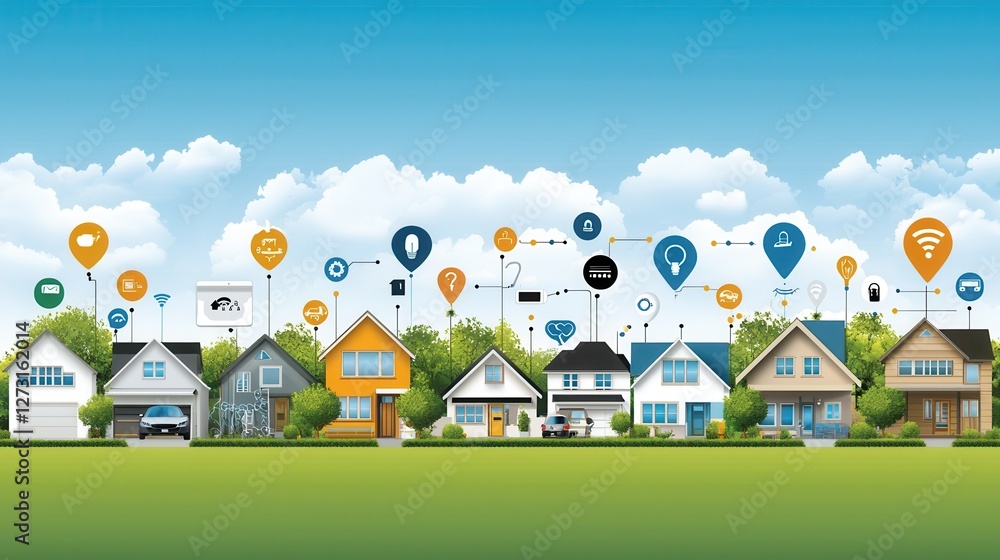 Fototapeta premium Row of Suburban Homes Under a Bright Blue Sky with Location Icon Graphics