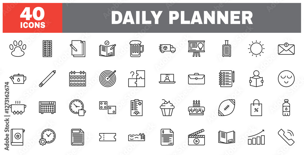Set of 40 line icons daily planner. Outline icon collection. Editable stroke. Vector illustration. Set of 40 line icons daily planner. Outline icon collection. Editable stroke. Vector illustration.