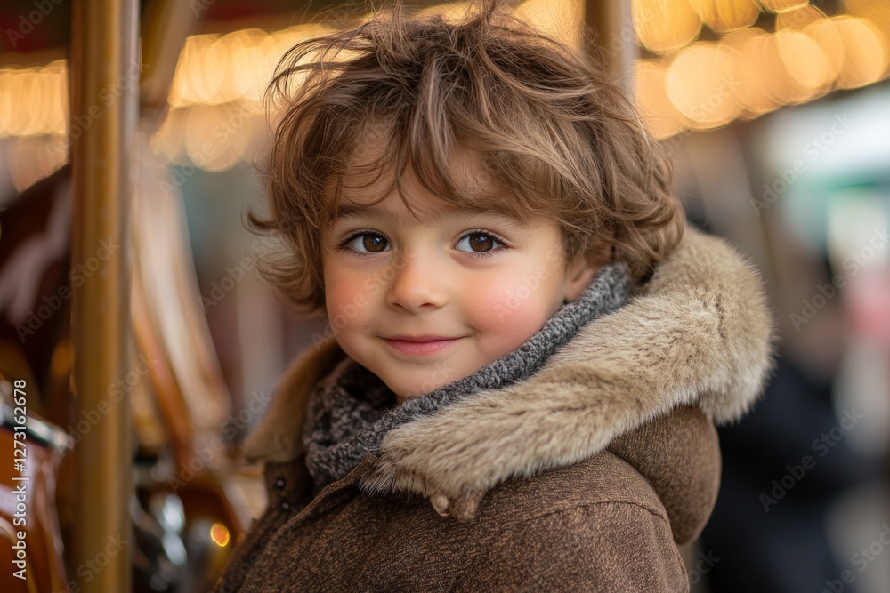 Child enjoying a carousel ride at a festive fair during the evening hours with bright lights and cheerful ambiance Child enjoying a carousel ride at a festive fair during the evening hours with bright lights and cheerful ambiance
