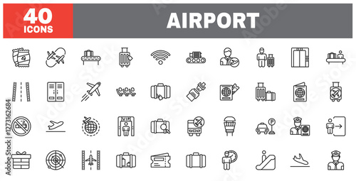 Set of 40 line icons airport. Outline icon collection. Editable stroke. Vector illustration.