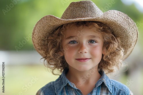 Young boy wearing a straw cowboy hat smiles warmly in a rural outdoor setting during daytime photo