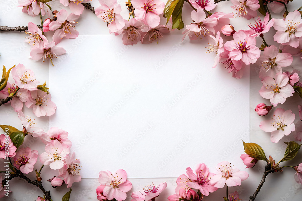 Elegant cherry blossom branches frame a blank paper on marble, perfect for Mother's Day, Easter celebrations, or spring-themed design projects. Elegant cherry blossom branches frame a blank paper on marble, perfect for Mother's Day, Easter celebrations, or spring-themed design projects.