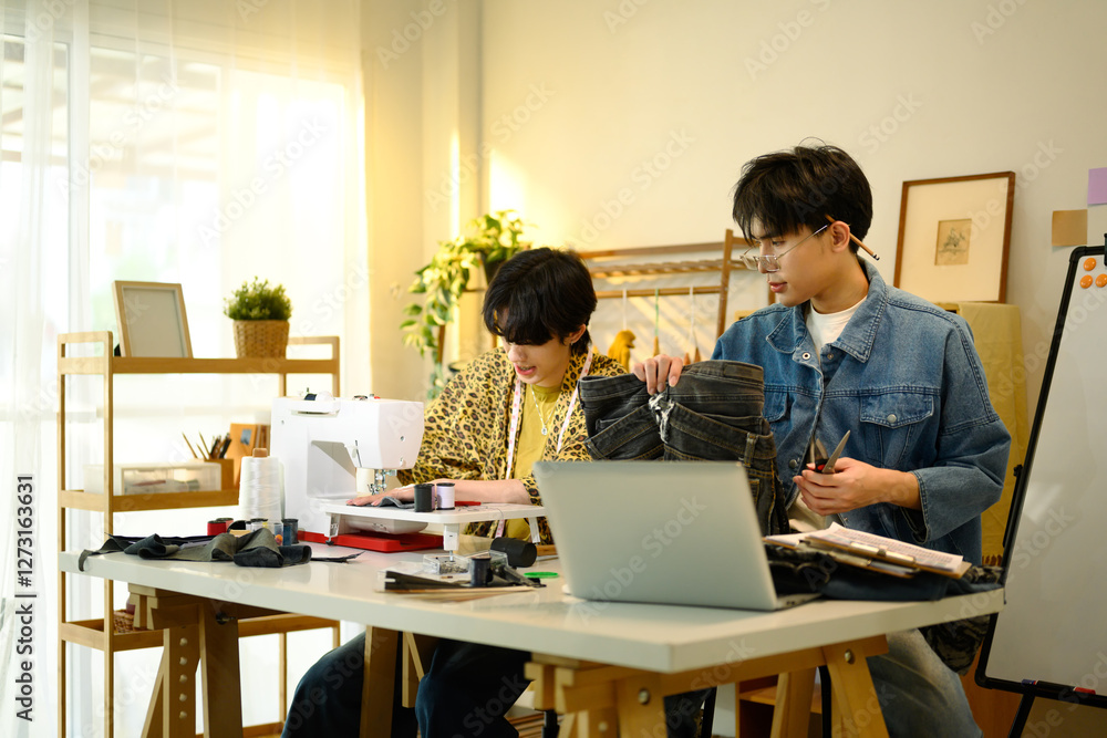 Young fashion designers collaborating on new project in a studio Young fashion designers collaborating on new project in a studio