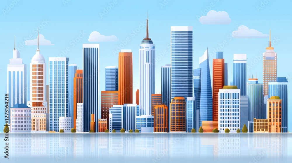 Fototapeta premium Vibrant City Skyline with Tall Buildings Reflecting in Calm Water under a Bright Blue Sky