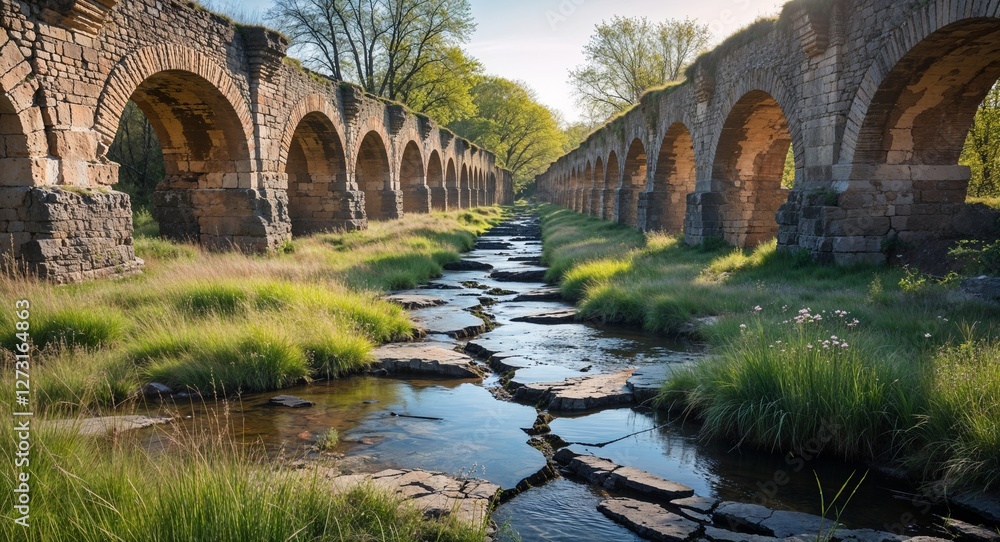 Fototapeta premium Broken medieval aqueduct with water flowing through cracks surrounded by wild grass sunny afternoon spring