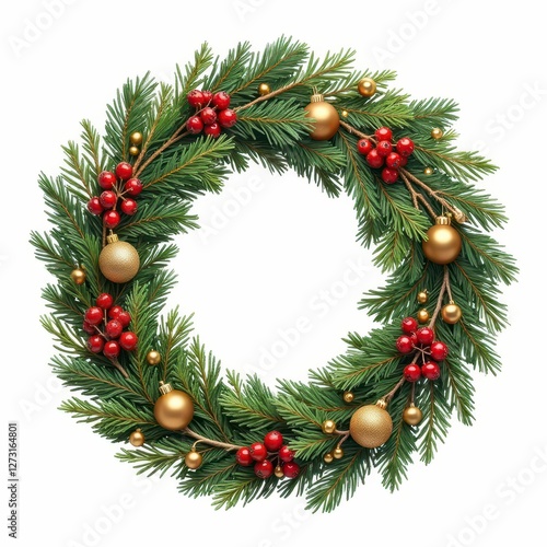 Festive Holiday Christmas Wreath with Berries and Golden Ornaments Decorating Home for Winter Season photo