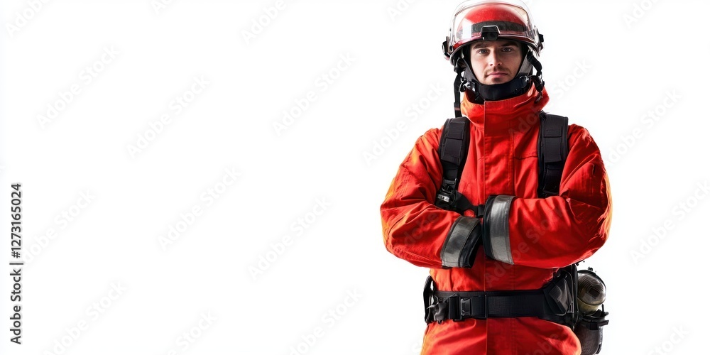 Naklejka premium A firefighter in a bright red uniform with protective gear, standing proudly on a white background.