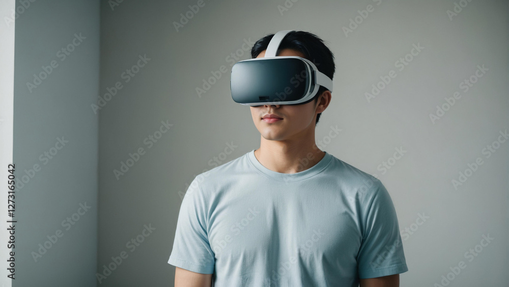 Japanese Gen Z man with a VR headset in a sleek modern office, exuding a focused and dynamic vibe Japanese Gen Z man with a VR headset in a sleek modern office, exuding a focused and dynamic vibe