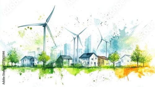 Sustainable Urban Landscape with Wind Turbines and Greenery