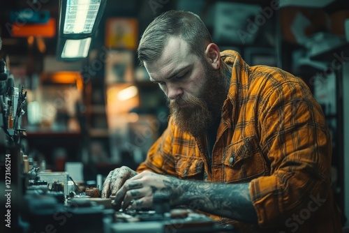 Wallpaper Mural Artisan craftsman focused on intricate details while working in a vibrant workshop during the evening hours Torontodigital.ca
