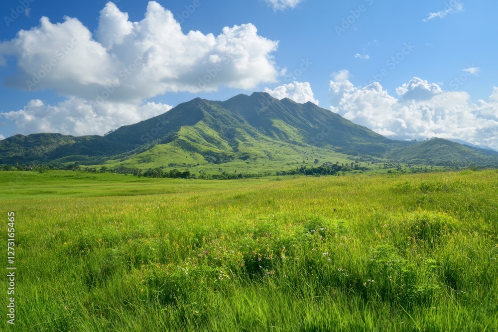 Lush Green Landscape with Majestic Mountain and Cloudy Sky