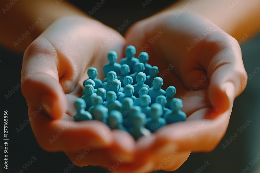 hands cupping small blue figures, community concept, human resources, teamwork, leadershi hands cupping small blue figures, community concept, human resources, teamwork, leadershi