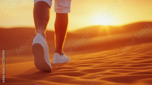 A tourist in an arid desert is a person walking along sand dunes in the desert, the contrasts of light and shadow, a sense of peace and the scale of nature, the traveler's footprints in the sand.