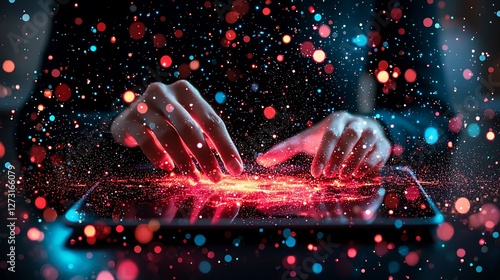 Woman using tablet, glowing interface, dark background, digital innovation, tech concept