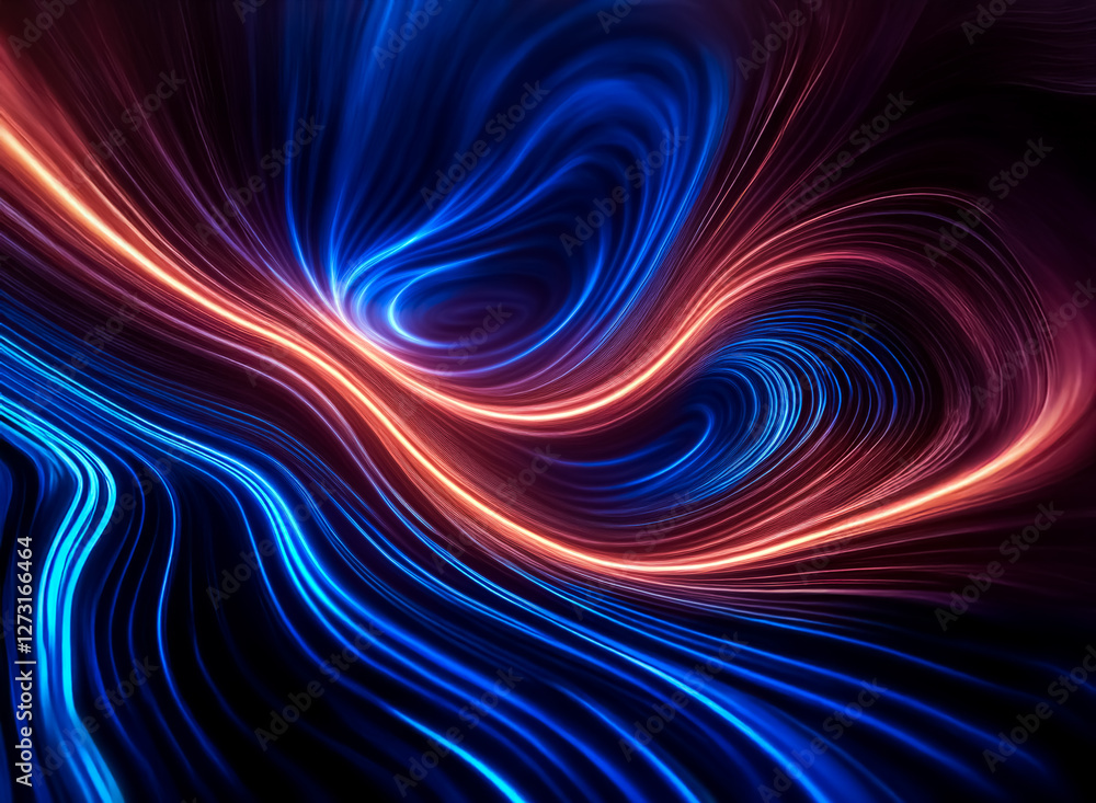 Abstract digital art with smooth, flowing lines in vibrant blue and orange hues against a dark backdrop. The image evokes a sense of motion and energy with its curved and swirling patterns. Abstract digital art with smooth, flowing lines in vibrant blue and orange hues against a dark backdrop. The image evokes a sense of motion and energy with its curved and swirling patterns.