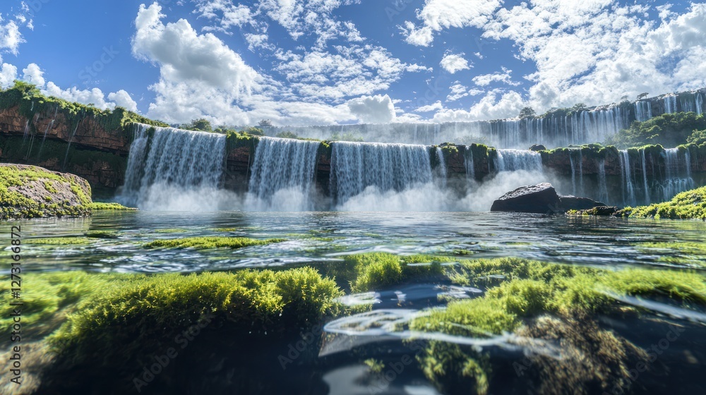 Fototapeta premium Waterfall cascading into pool, lush vegetation, sunny sky. Nature travel photography