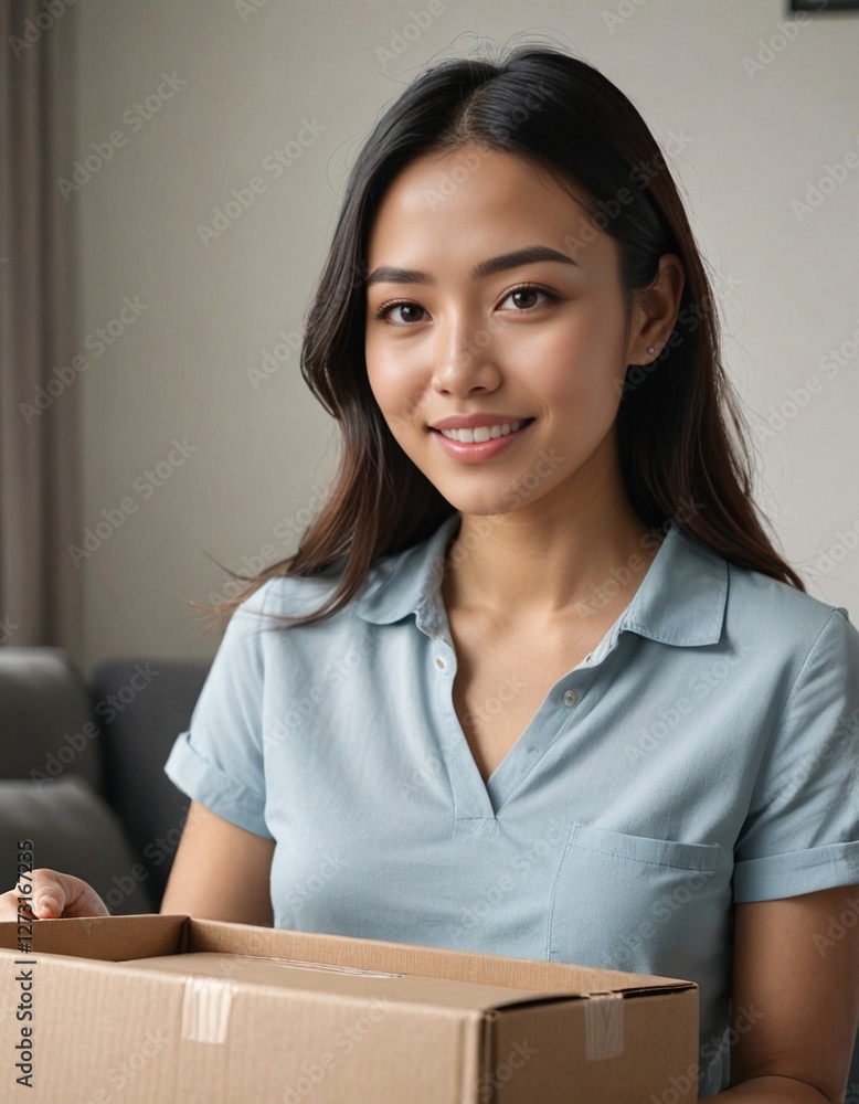 Malaysian woman unboxing an online delivery package in a bright living room Malaysian woman unboxing an online delivery package in a bright living room