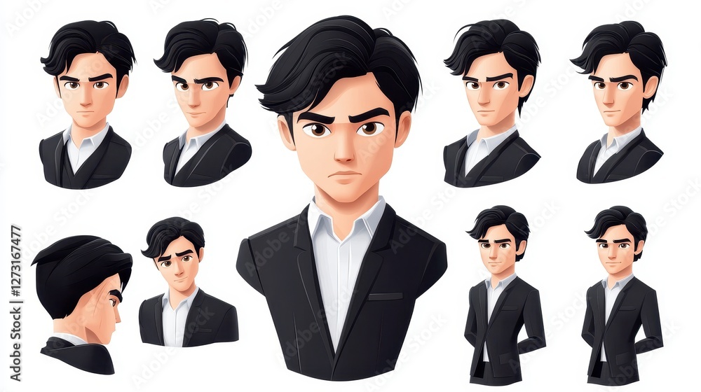 3D cartoon businessman faces of different character with Happy and sad ,angry,bossy,Emoticons with different moods,copy space. 3D cartoon businessman faces of different character with Happy and sad ,angry,bossy,Emoticons with different moods,copy space.