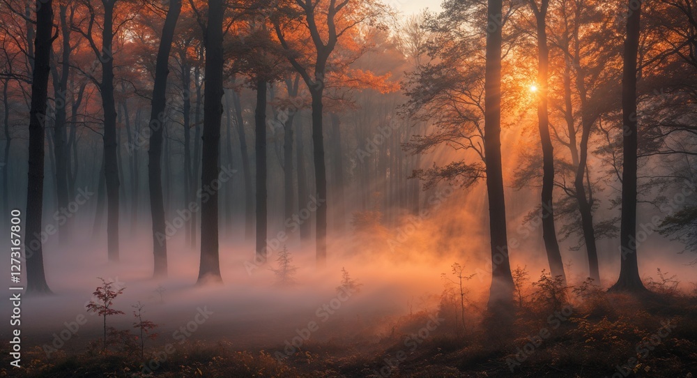 Dense forest at sunrise in early autumn mist rising from the ground Dense forest at sunrise in early autumn mist rising from the ground